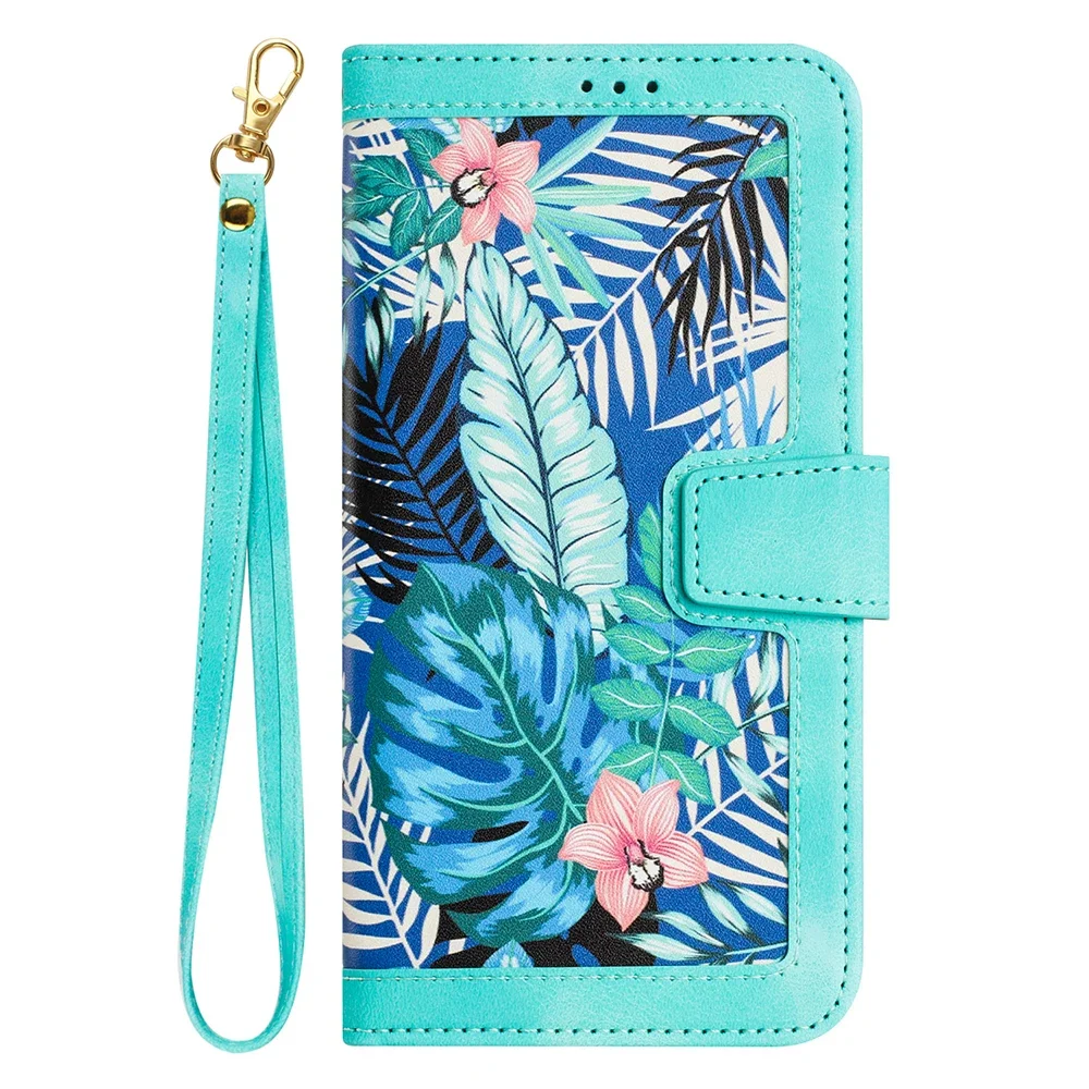 Elegant PU Leather Flip Wallet Case with Beautiful Floral Design and Convenient Wrist Strap
