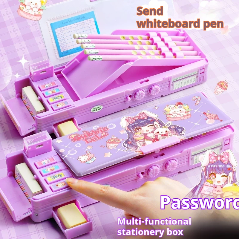Password Lock Pencil Case Girls Large Capacity Multifunctional Storage Boys Double Layered Pen Box Back To School Stationery Box