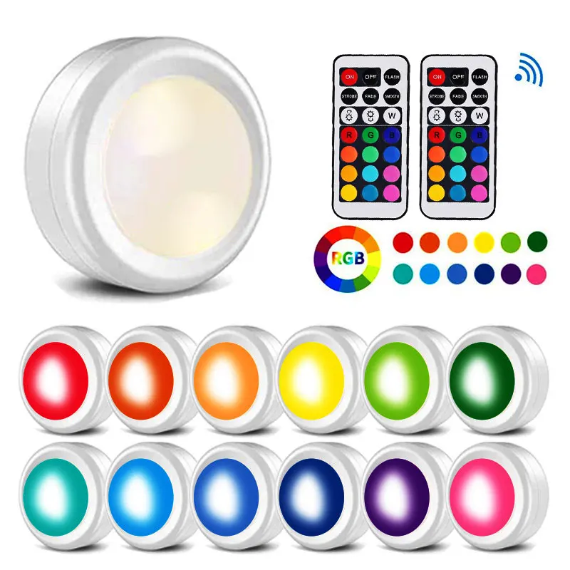 

Battery Powered RGB Night Light Led Under Cabinet Lamp Puck Lights with Remote For Home Wardrobe Kitchen Display Case Decoration