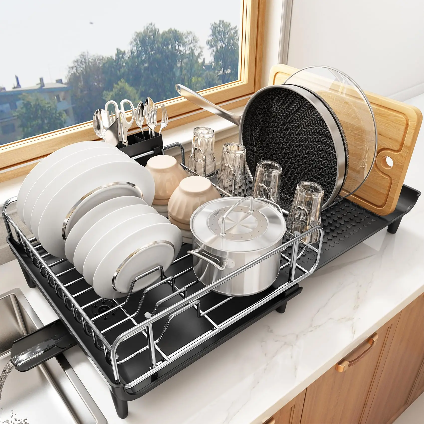 Dish Drying Rack Expandable Dish Rack for Kitchen Counter Large Dish Drainer Stainless Steel Dish Strainer and Utensil Holder