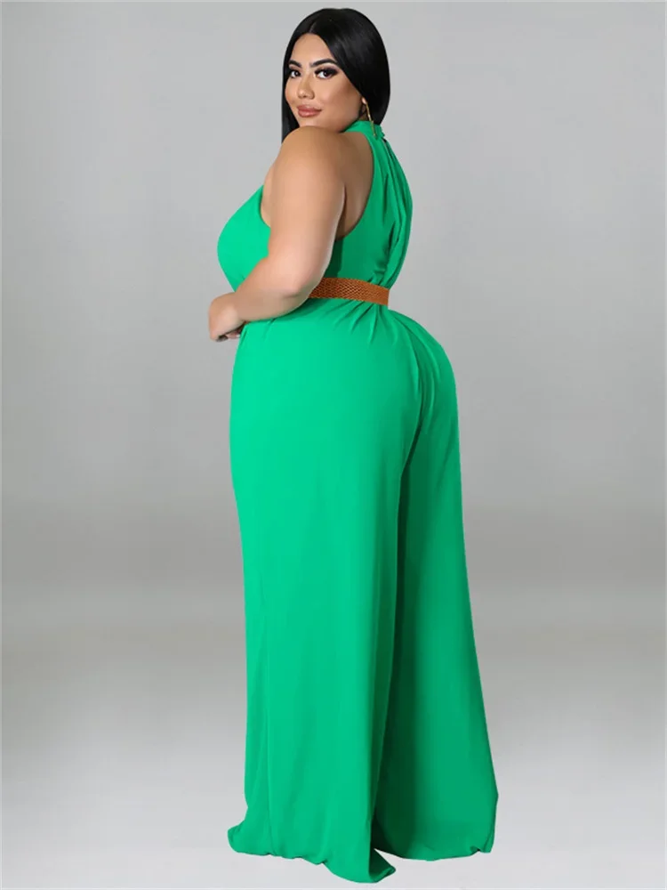 Wmstar Plus Size Women Jumpsuit with Belt Summer Clothes Solid Sleeveless Wide Leg Office Lady Bodysuit Wholesale Dropshipping