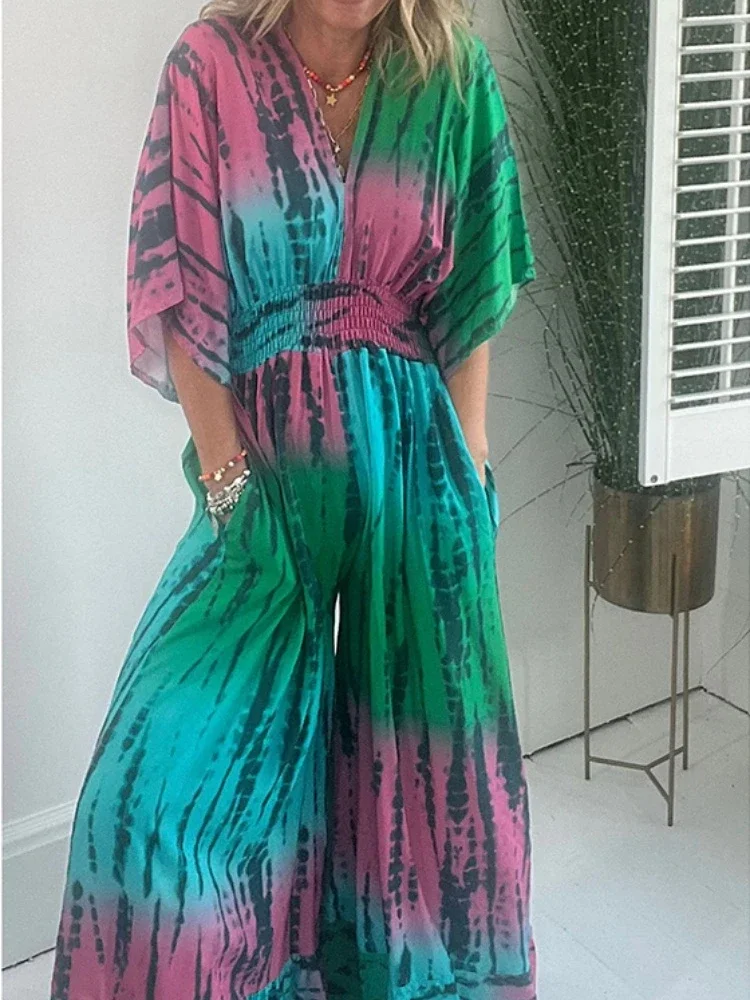 Street  Style Long Jumpsuit New Trend Women V-neck Five Point Sleeve Elastic Waist Lotus Pants Pocket Loose Lace Up Beach Suit