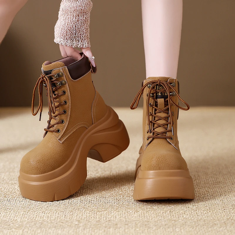 Aphixta Classic 9cm High Heels Woman Ankle Boots Lace Up Suede Platform Woman Shoes Chunky Heel High Quality Suede Lady Footwear