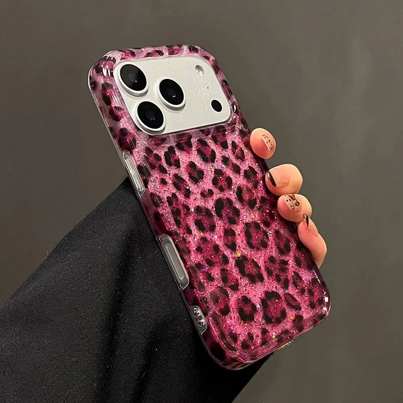 Bling Glitter Rose Black Leopard Print Shockproof Phone Case - Stylish Protective Hard Back Cover