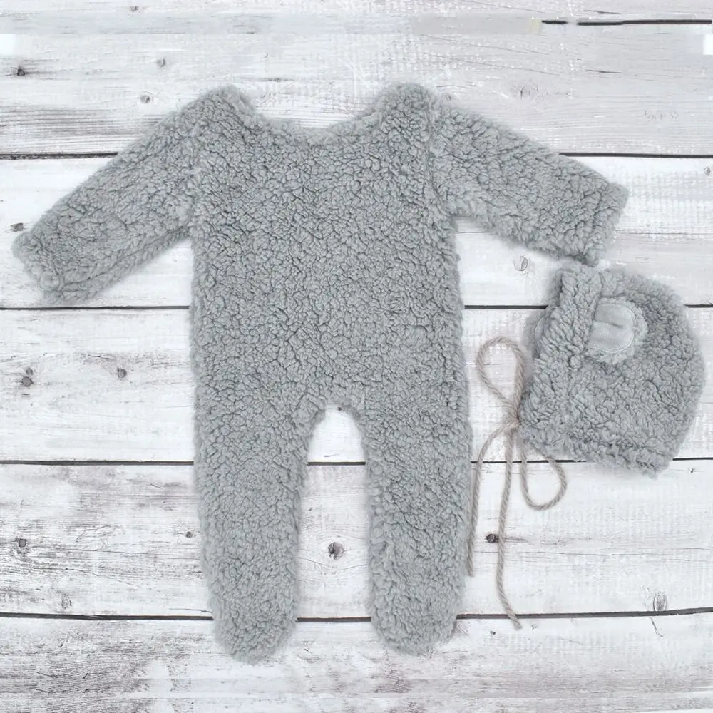 Creative Newborn Photography Props Bear Design Soft Knit Newborn Photoshoot Outfit Bear Ear Hat Footed Romper
