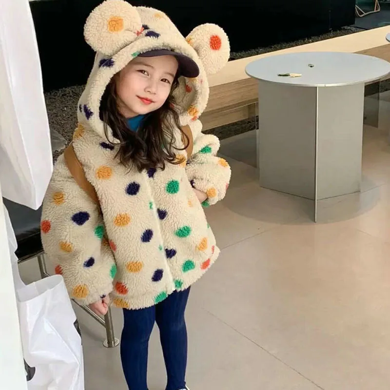 Girls' coat rainbow dot hooded with big ears plush thickened coat top winter new children's wear clothing