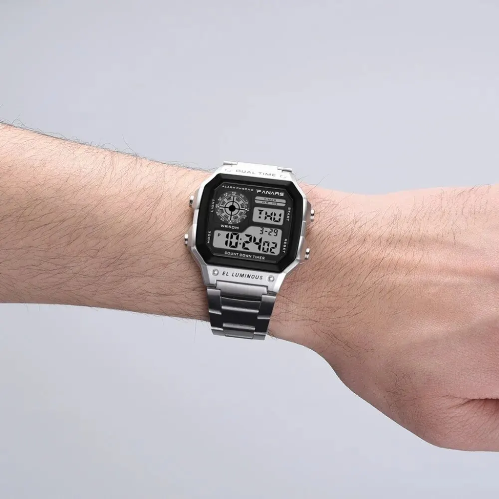 PANARS Top Luxury Stainless Steel Strap Sport Watches Mens Waterproof Back Light Digital Wristwatch Male Alarm 5