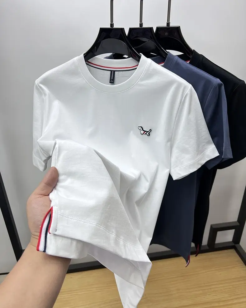 

Футболка мужская с вышивкой собачкой, роскошная качественная Изысканная тенниска с разрезом и полурукавами, модная уличная одежда в Корейском стиле, лето 2024