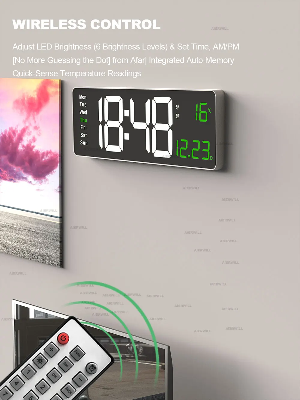 Description Picture 4 of itemBiencore B66 Digital Wall Clock 16“ Large Alarm Clock Remote Control Date Week Temperature Clock Dual Alarms LED Display Clock
