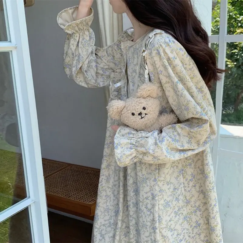 Floral Print Nightgown Sleepwear Womens Korean Style Ruffles