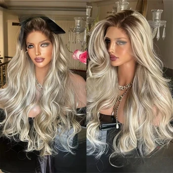 Ash Blonde with Ombre Brown Root Body Wave Lace Front Wig 250 Density Lace Front Wig for Women 13x4 HD Lace Front Wig Human Hair 1