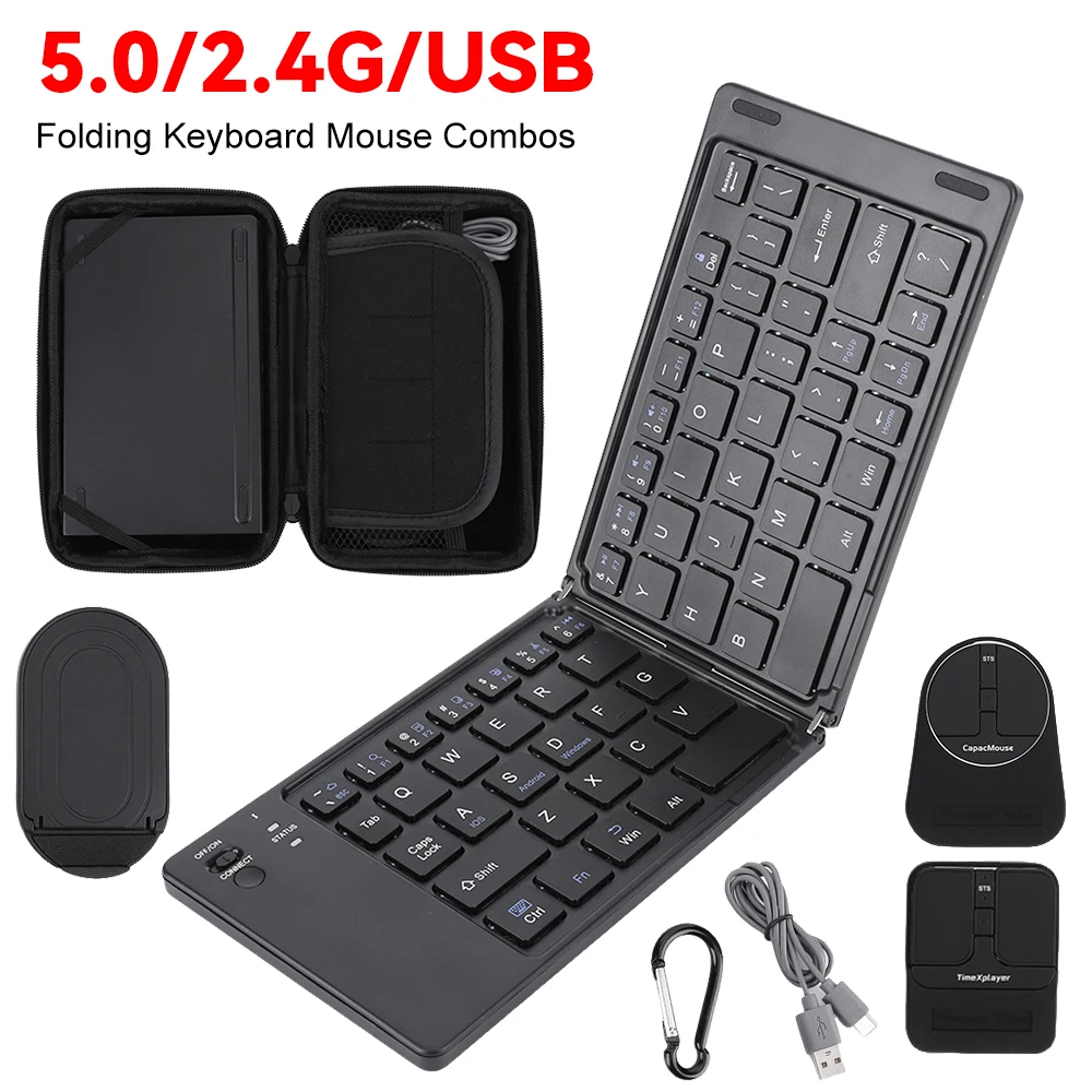BT 5.0/2.4G/USB Folding Keyboard Capacitive Mouse Combos Wireless Foldable BT Keyboards Mice Set With Storage Bag& Tablet Holder