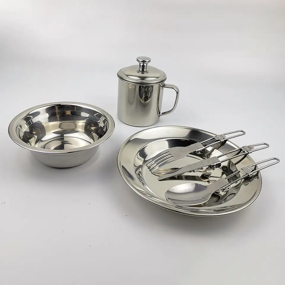 Set Piatti Tazza Inox ISFORU Set Posate Camping - Acciaio Inox Con Piatto, Tazza E Ciotola Kit Outdoor Pieghevole - Foto 12