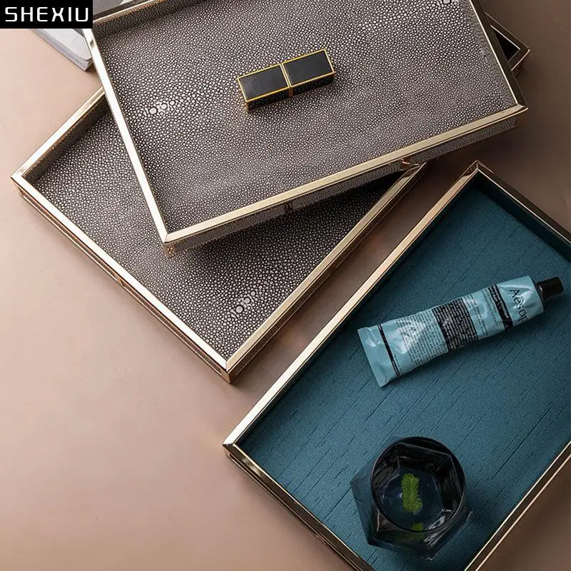 

Gold Plated Leather Storage Tray Jewelry Earrings Organizer Trays Decorative Dresser Table Desktop Skin Care Cosmetics Container