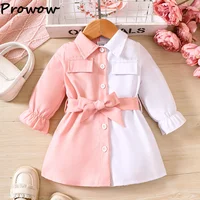 Prowow 3-24M Baby Girls Dresses Long Sleeve Pink White Patchwork Belted Dress For Girl Newborn Baby Clothes Infants 1