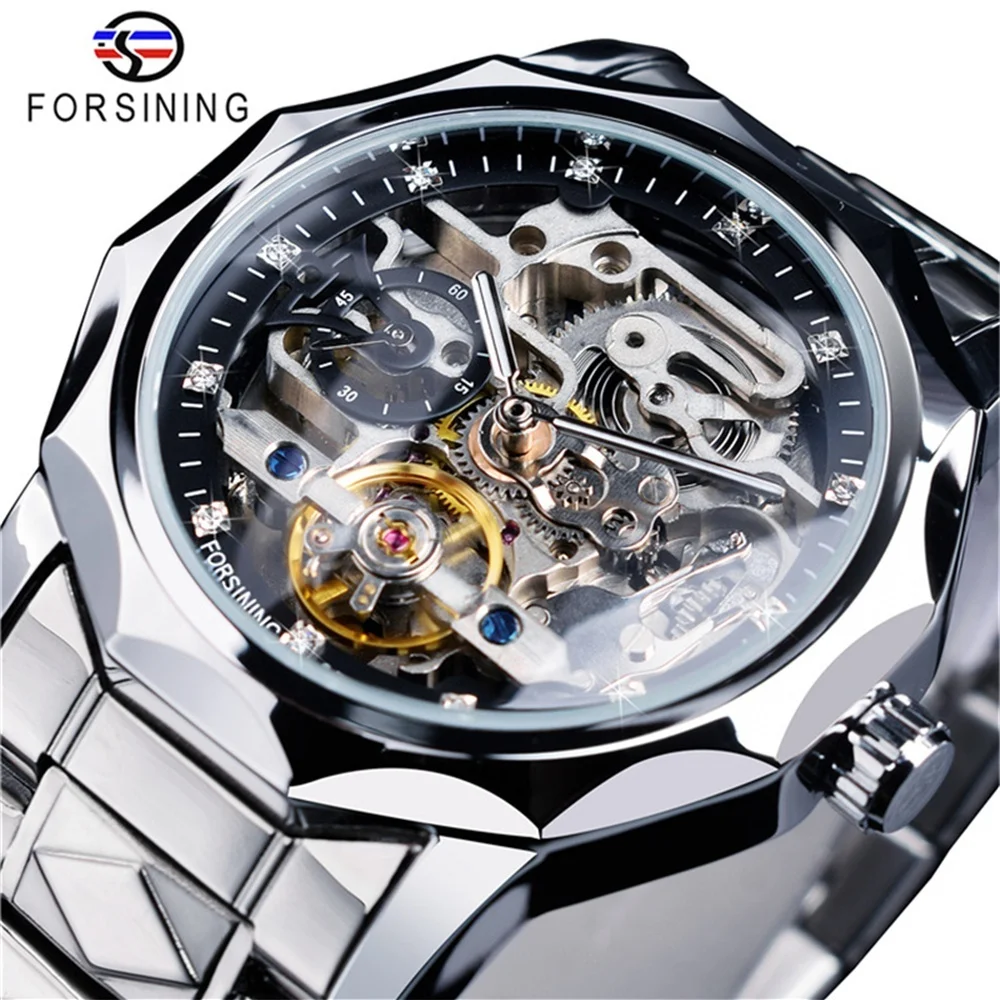 

Forsining 199A Clock Mechanism Skeleton Transparent Silver Stainless Steel Mens Automatic Mechanical Male Watch Birthday Gift