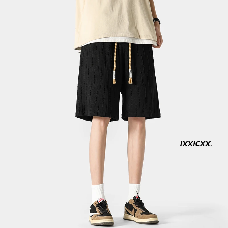 Men Solid Embossed Korean Style Shorts Elastic Waist Casual Pants Comfortable Breathable Quick Dry Sweatpants