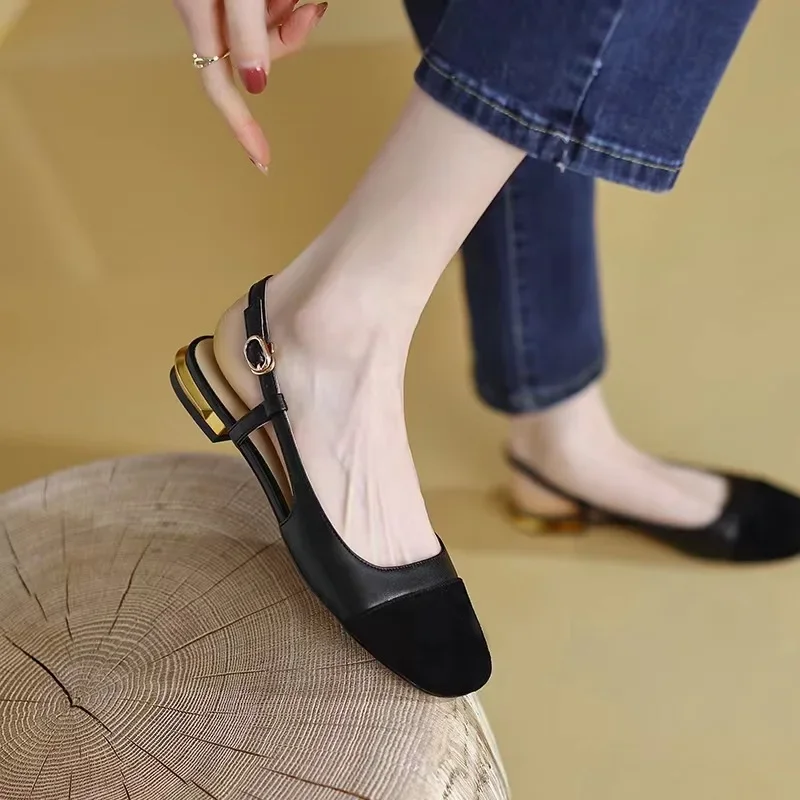 Women Slingback Sandals Retro Bucklr Strap Low Heel Concise Female Shoes Leisure Outdoor