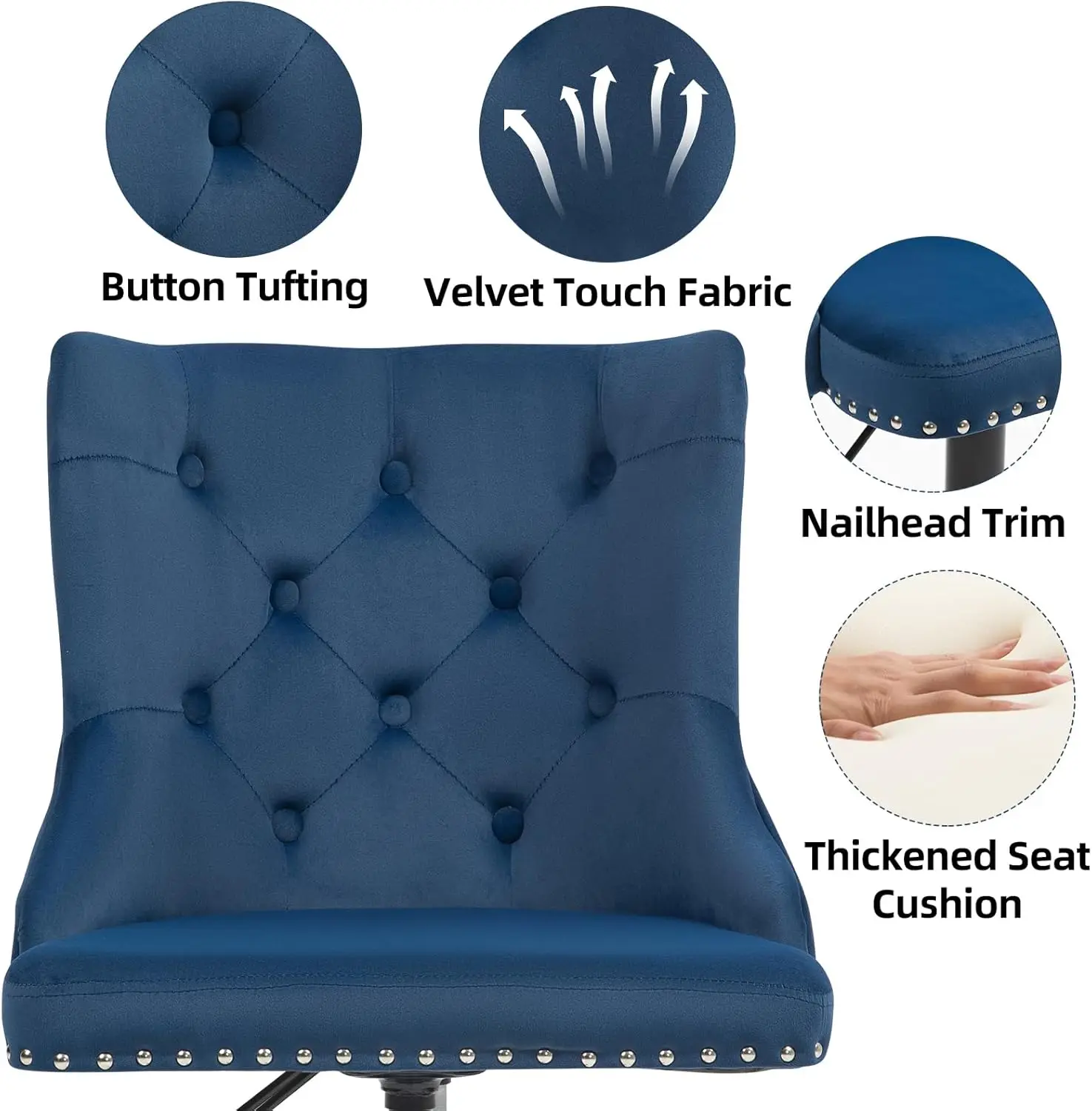 Upholstered Home Office Desk Chair with Height Adjustable Black Base and Mid-Back Tufted Nail Swivel Vanity Chair (Blue)