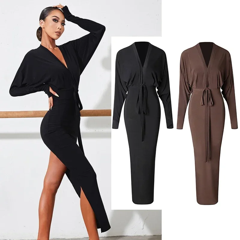 

New Latin Dance Dress Women Bat-Sleeved Slit Long Dress Prom Rumba Ballroom Dance Competition Dress Adult Practice Wear DNV16777