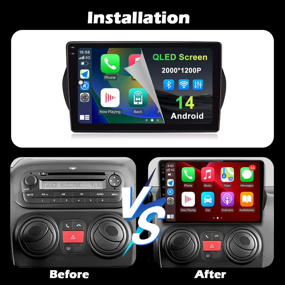 Android 16 For Fiat Fiorino Qubo Citroen Nemo Peugeot Bipper 2008 - 2017 Carplay Auto QLED Screen 4G Car Radio Multimedia Player — view 2