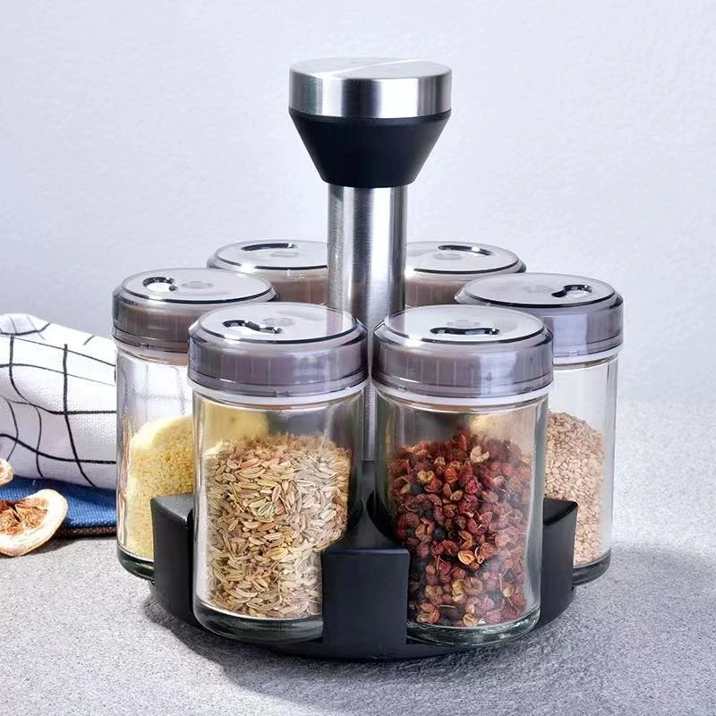 

6-Jar Revolving Spice Rack Organizer Spinning Countertop Stainless Steel, Glass, Plastic As Shown (Spices Not Included)