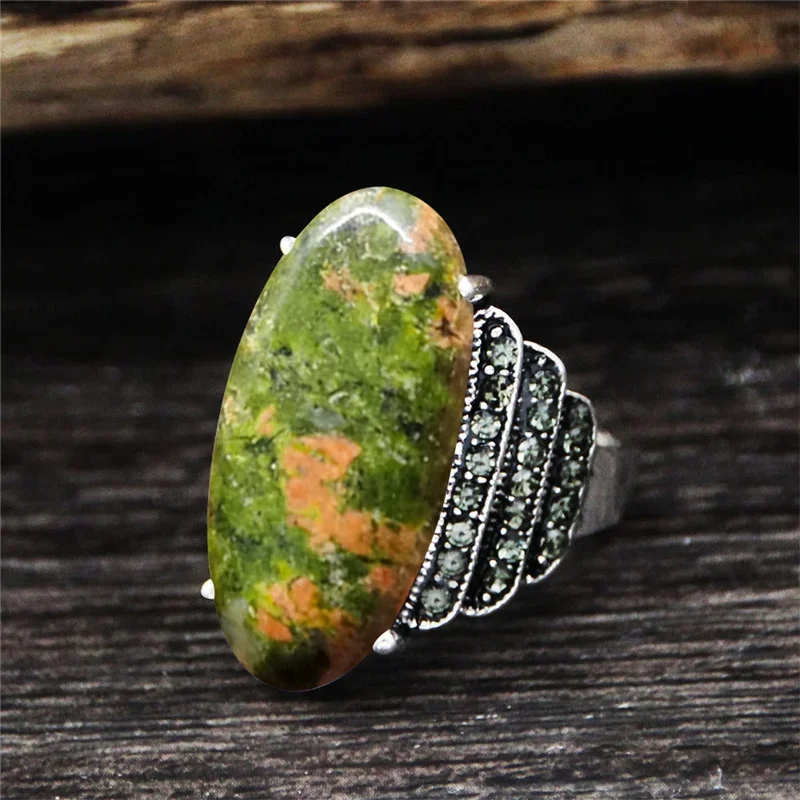 Finger Ring Silver Ring Vintage Natural Eye Shape Quartz Lapis Lazuli For Women Real Antique Silver Plated Natural Stone Unakite Rhinestone