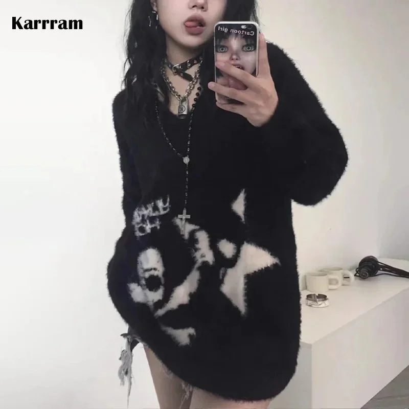 

Karrram Gothic Skulls Sweater Grunge Dark Aesthetics Knitted Jumper V-neck Harajuku Loose Mohair Pullover Emo Alt Knitwear Y2k