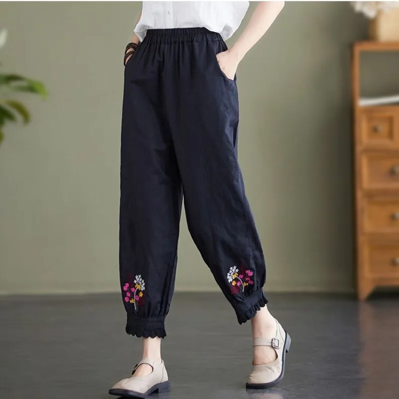 Spring and Summer Women's 2024 Spliced High Waist Elastic Pocket Solid Chinese Style Cotton and Hemp Embroidered Halen Pants