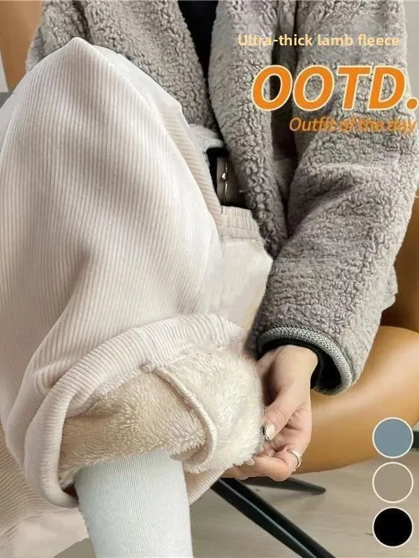 Lamb Fce Lined Casual Thiened Corduroy Wide Leg Pants Women's Autumn Winter Faion Warm Straight Cut Trousers - Image 4