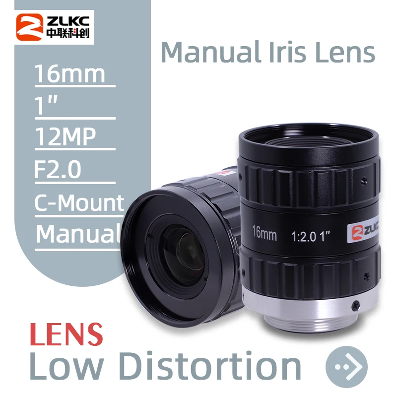 ZLKC FA 12MP C Mount 16mm 1" F2.0 Machine Vision Lens Fixed Focal Lenth Industrial Camera Manual Iris for Positioning Measuring