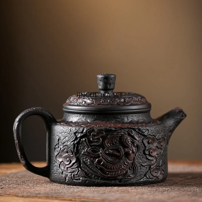 200ML Purple Pottery Carving Teapot Hand drawn Antique Relief Teapot Home Kung Fu Teapot Tea Pot