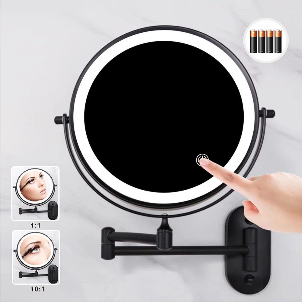 

8 Inch Black Wall Mounted Bathroom Mirror 10x Magnifying Makeup Mirror Adjustable Dimming Vanity Cosmetic Mirrors with Light