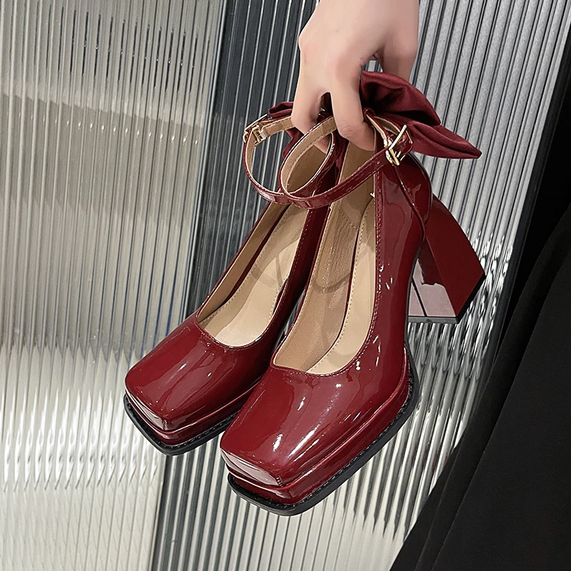 

Женские винтажные Туфли Мэри Джейн, высокий толстый каблук, платформа, квадратный высокий каблук, лакированная кожа, пряжка с бантом, весна-осень