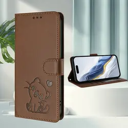 Premium Cat Embossed Leather Wallet Case - Elegant and Versatile Design for TCL 503 (Brown)