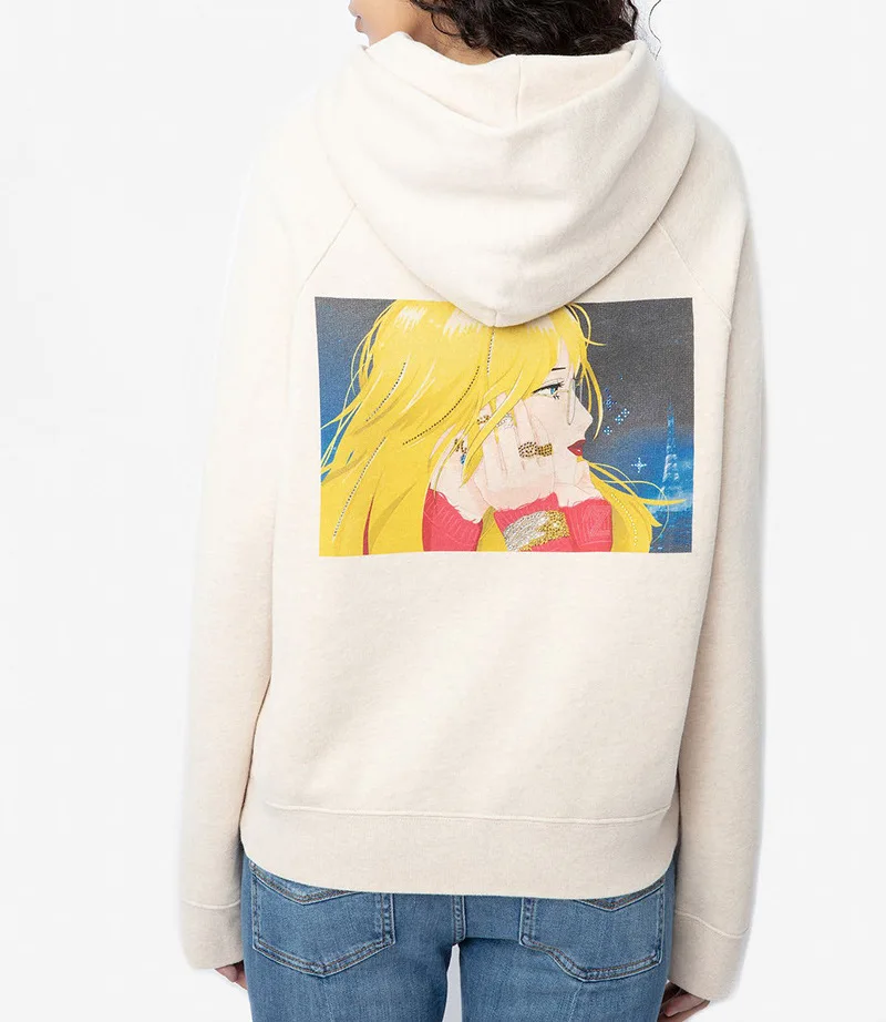 

Women Hoodies Anime Pattern Long Sleeve Front Wing Rhinestone Sweet Hooded Sweatshirt