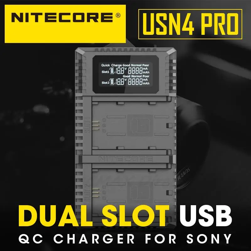 

Зарядное устройство Nitecore USN4 Pro Dual, разъем USB, быстрая зарядка для камер Sony A7 III, А7R III, А9 (ILCE-9), совместимо с аккумуляторами NP-FZ100