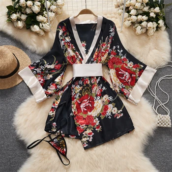 Japanese Sexy Print Kimono Slim Fit V-Neck Nightgown Loose Petal Sleeves Women's Erotic Lingerie Mini Irregular Patchwork Dress 1
