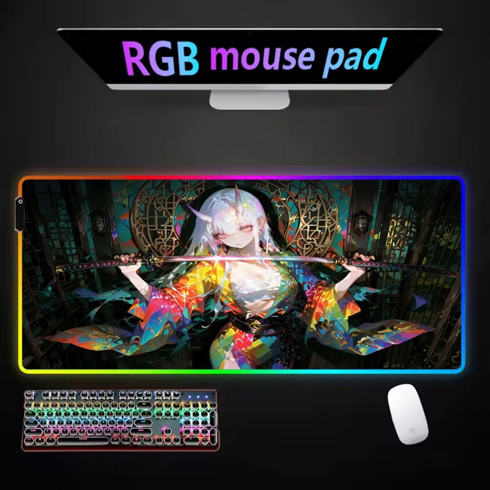 RGB Large Gaming Mouse Pad with LED Backlit - Samurai Anime Girl Design