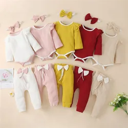 Vêtements de princesse pour bébé fille, 3 pièces, barboteuse, pantalon et bandeau, couleur unie, printemps 
