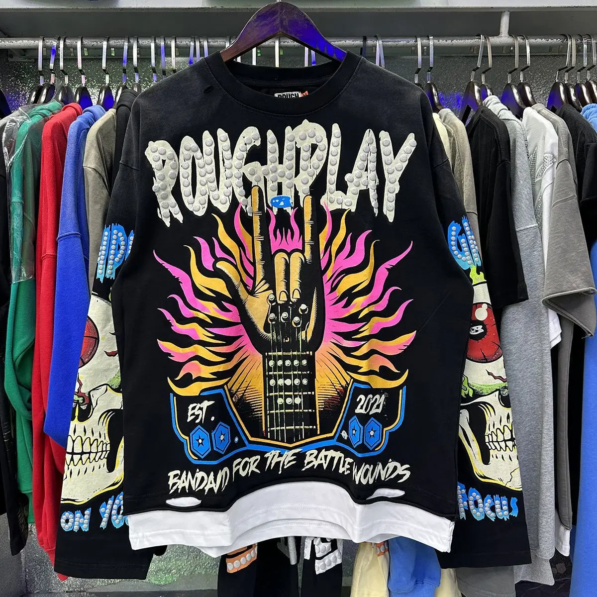 Roughplay American Cotton Retro Style Long Sleeve Men Women Jesus Print Skull Rockabilly Washed Out T-Shirt Vintage Design Tee 4