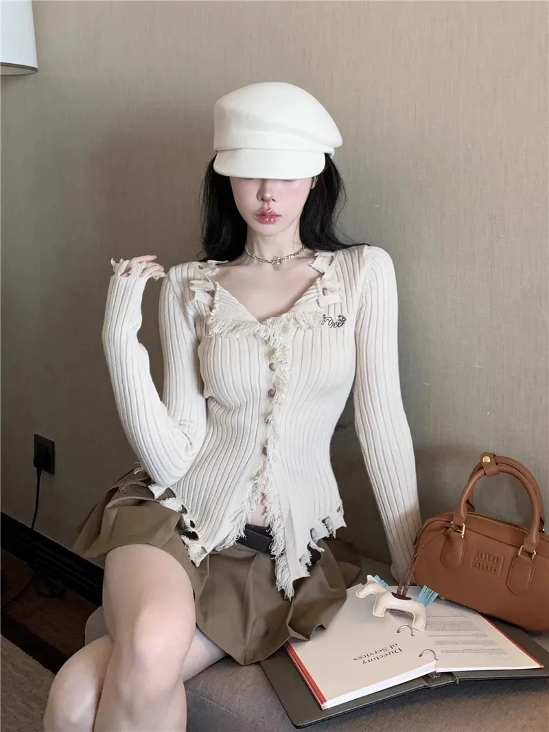 여성 양모 니트 점퍼, 순수 욕망 태슬 브이넥 가디건, 슬림 긴팔 점퍼, 가을 겨울 보터밍 시