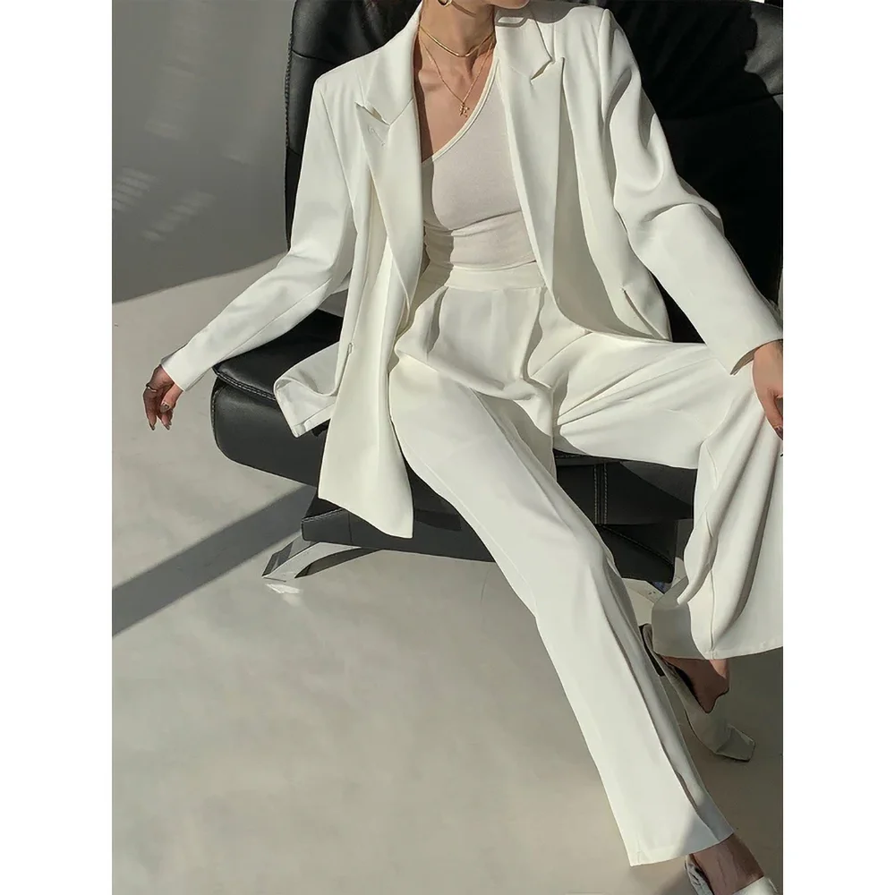 Summer White Women Suits Slim Elegant Peak Lapel Solid Party Prom Wedding Tuxedo Formal Casual Office Pants Sets (Jacket+Pants) 2