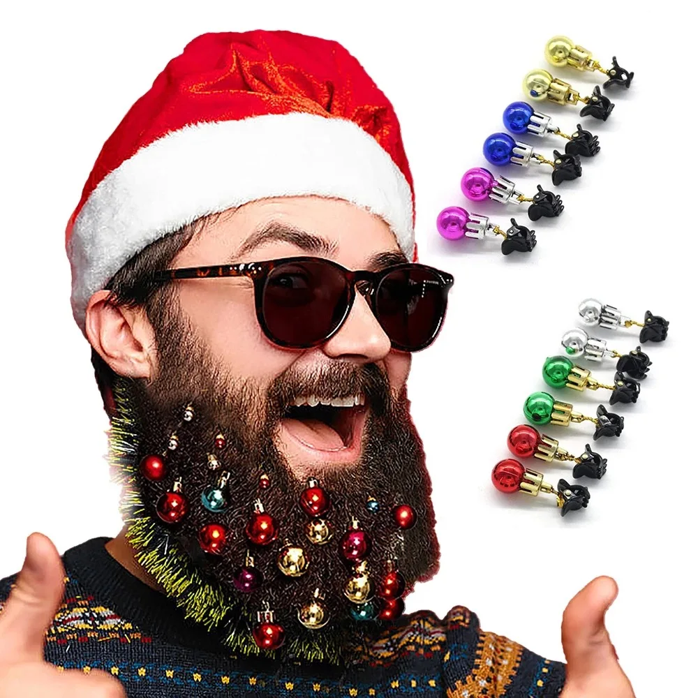 12PCS Christmas Bulb Beads Beard Ornament Colorful Christmas Clip Ball Ornament Xmas Beard Pendant Bright XMAS Ball Cosplay Toy