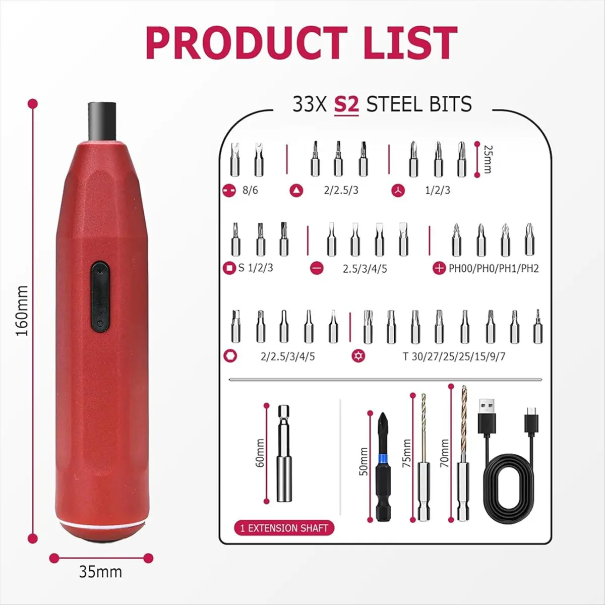 전동 드라이버, 3.6V 무선 전동 드라이버, 무선 드릴, 32-in-1 S2-스틸 비트, 최대 8 N.M, 1500mAh 800회 사용 가능