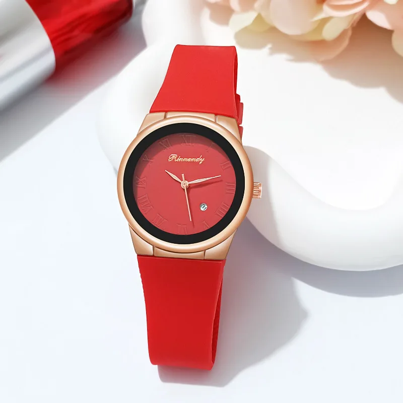 Ladies watch, simple and stylish silicone tape Roman disc with calendar quartz watch