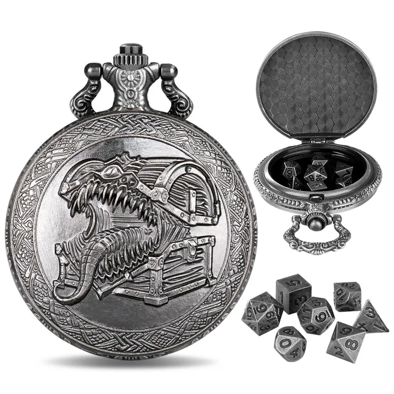 Steampunk Zungen-Schatzkasten Taschenuhr-Leergehäuse Anhängerkette mit 7 x Mini-Metall-Polyeder-Würfeln für Rollenspiele – Detail 5