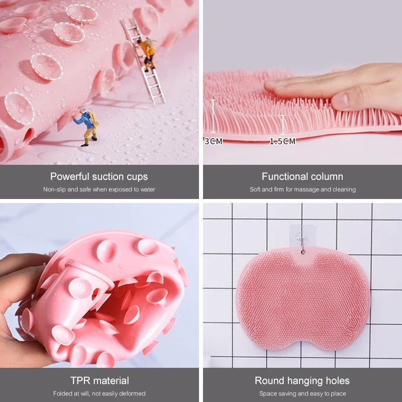 Wall Mounted Back Scrubber Shower Massage Pad Silicone Body Washer with Suction Cup Foot Mat Exfoliating Dead Skin for Adults 5