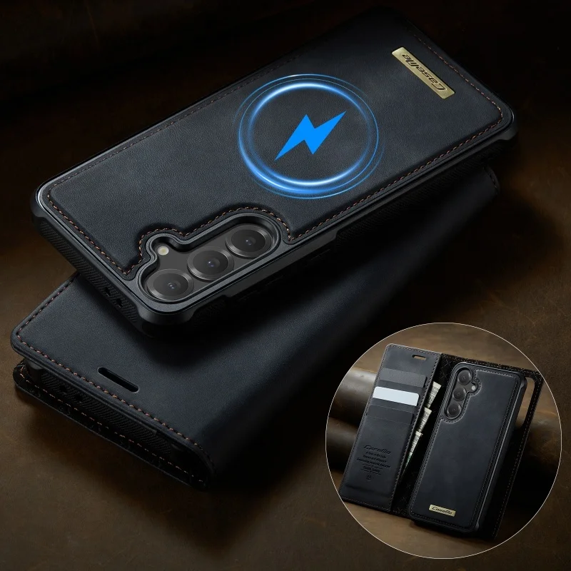 Magnetic Leather Flip Wallet Phone Case with Wireless Charging Compatibility