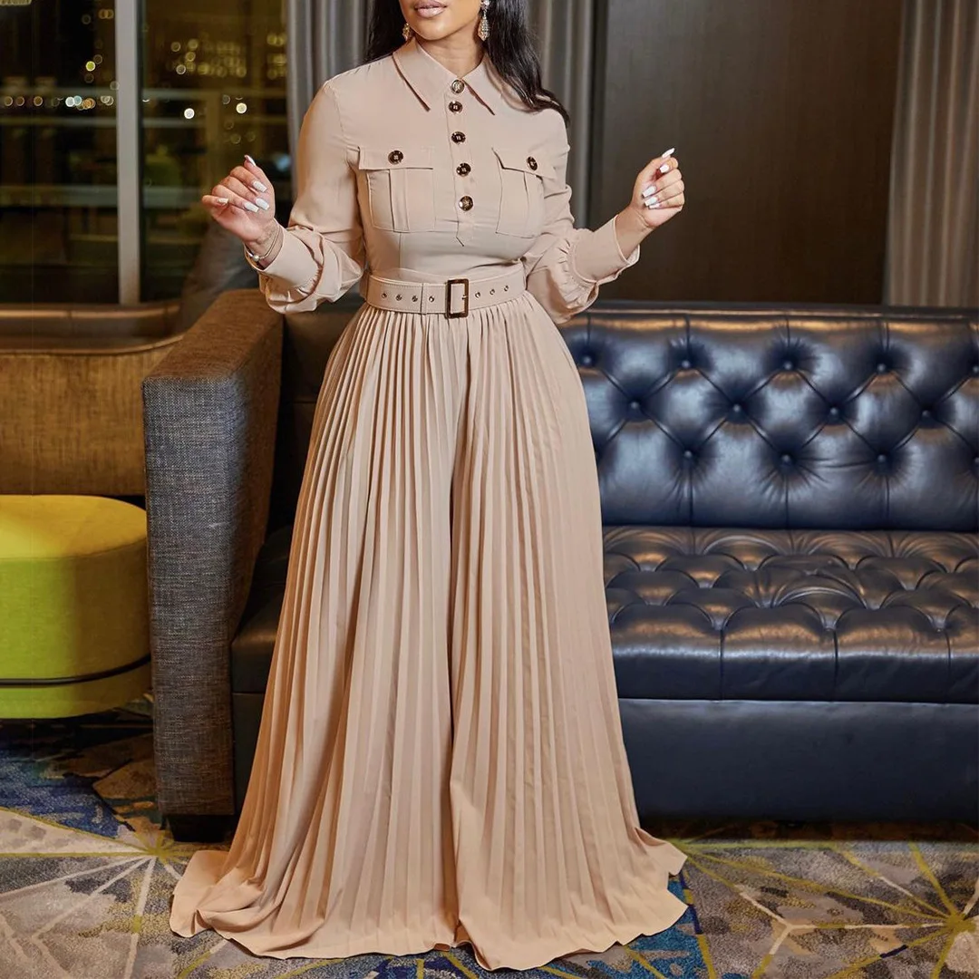 Long Sleeve Turn Down Collar Button Jumpsuit with Belt Slim Elegant Pleated  Wide Leg Pants Rompers OL Office Ladies gaovot new o neck long sleeve office lady autumn jumpsuits pleated cut out loose trousers elegant solid color womens rompers